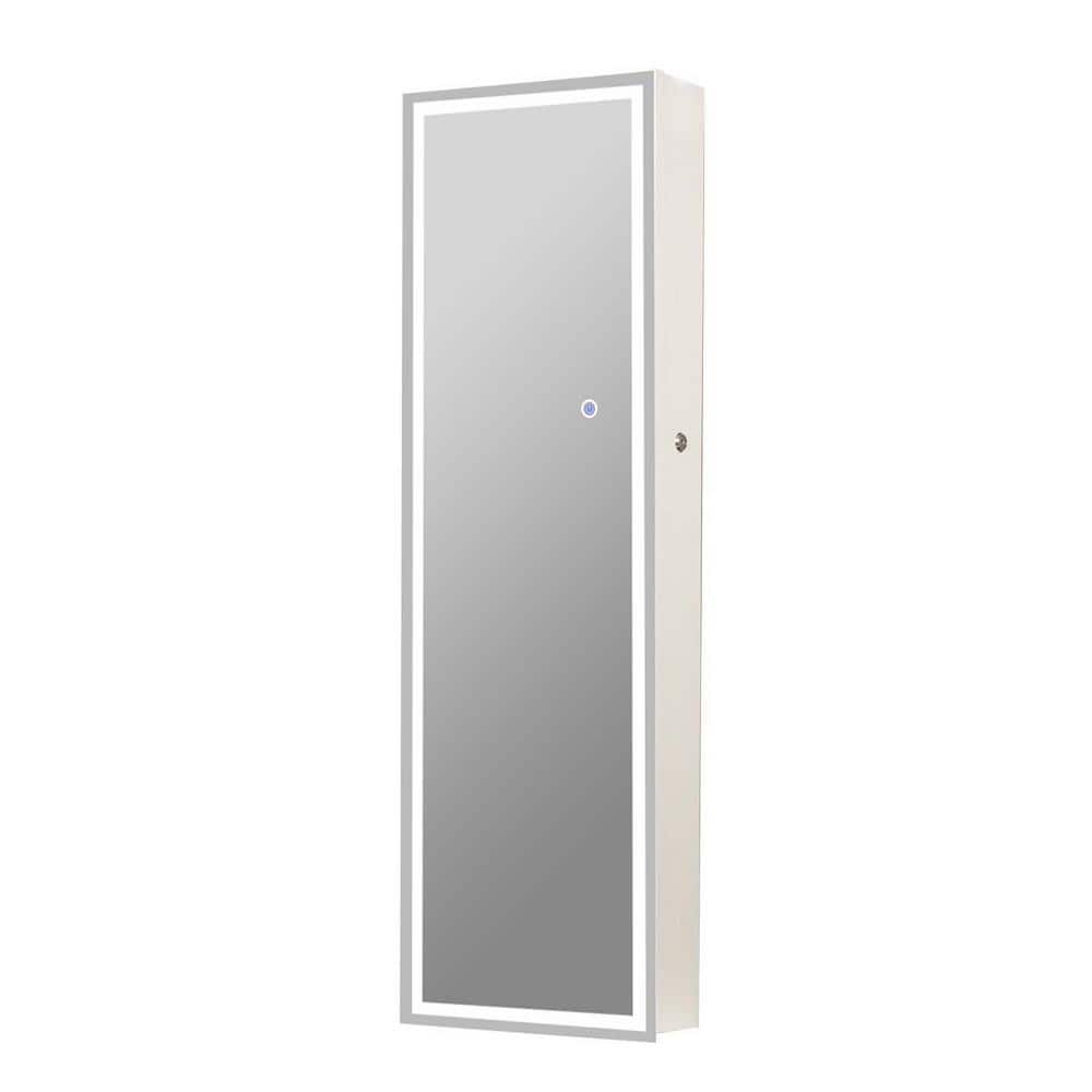 White Rectangular Wood Floor Standing Jewelry Cabinet with Mirror and LED L