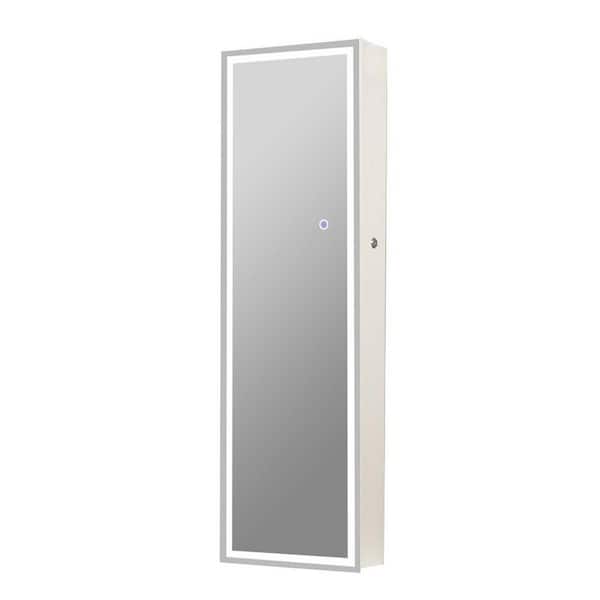 Unbranded White Rectangular Wood Floor Standing Jewelry Cabinet with Mirror and LED Lights
