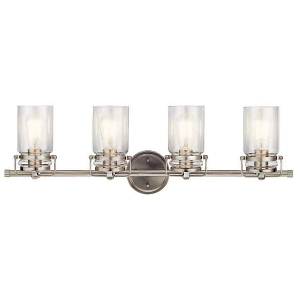 Brinley 32.5 in. 4-Light Brushed Nickel Vintage Bathroom Vanity Light with Clear Glass Shade