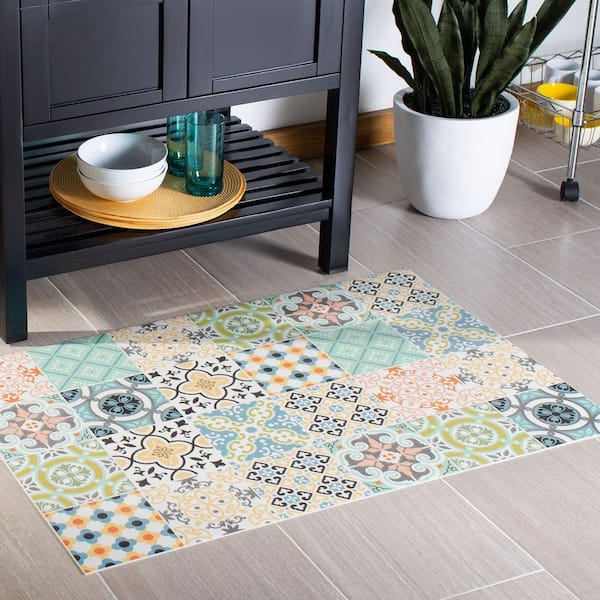 Vinyl Floor 2 ft. x 3 ft. Blue/Yellow Abstract Geometric Area Rug
