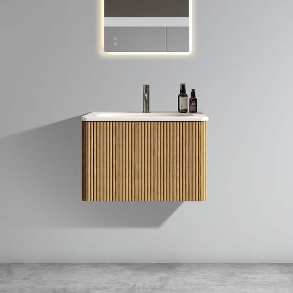 WELLFOR 24.01 in. W x 18.3 in. D x 15.6 in. H Single Sink Floating Bath Vanity in Oak with White Ceramic Top