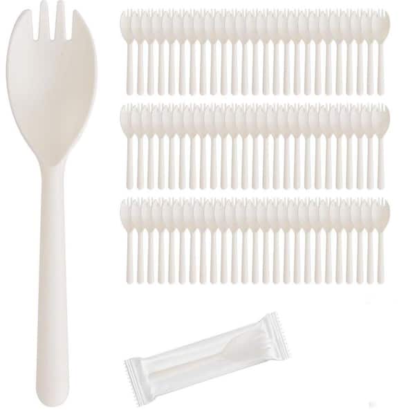 White White Disposable Plastic Sporks Disposable Tableware Spoon Fork Combo Individually Wrapped (100 Per Case)
