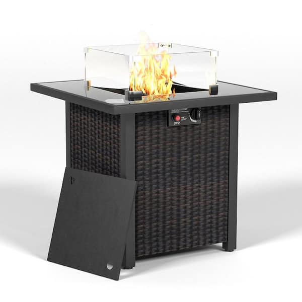 Tenleaf Brown 28 in. 50000 BTU Square Wicker Outdoor Fire Pit Table with Tempered Glass Tabletop and Glass Wind Guard