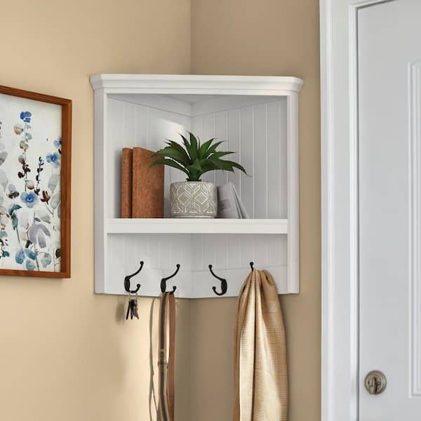 Home Decorators Collection 24 in. H x 24 in. W x 13.4 in. D White Shiplap  Floating Decorative Cubby Corner Wall Shelf with Hooks 20MJE2086 - The Home  Depot