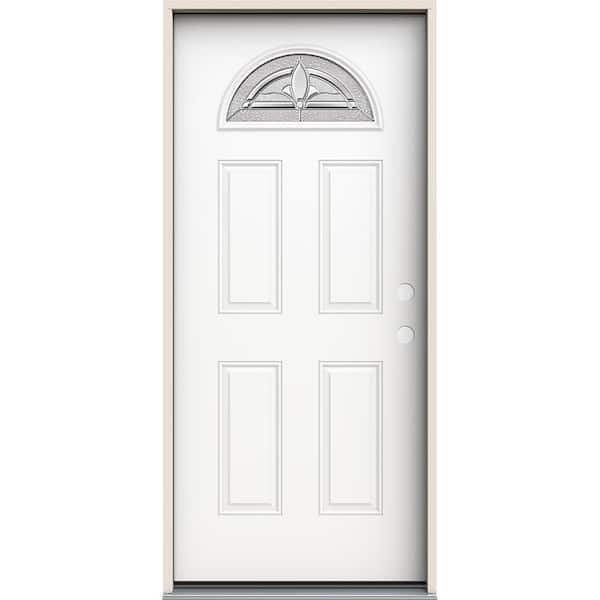 JELD-WEN 36 in. x 80 in. Left-Hand/Inswing 1/4 Fan Lite Blakely Decorative Glass Modern White Steel Prehung Front Door