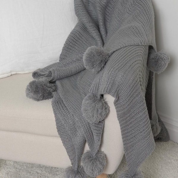 Knitted Pom Pom Grey Acrylic Throw