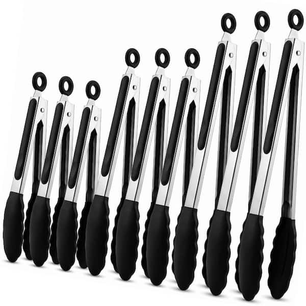 9 piece stainless steel kitchen tongs set with black nonstick silicone tips locking handle assorted 7 9 12 inch