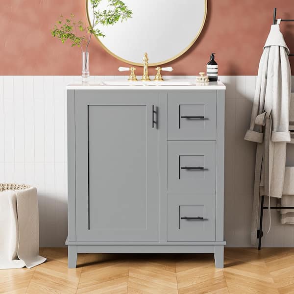 30 in. W Single Sink Freestanding Solid Wood Frame Bath Vanity in Gray with White Ceramic Top