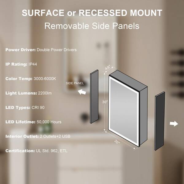 Forclover 20-in x 28-in Surface/Recessed Mount Black Mirrored Medicine Cabinet