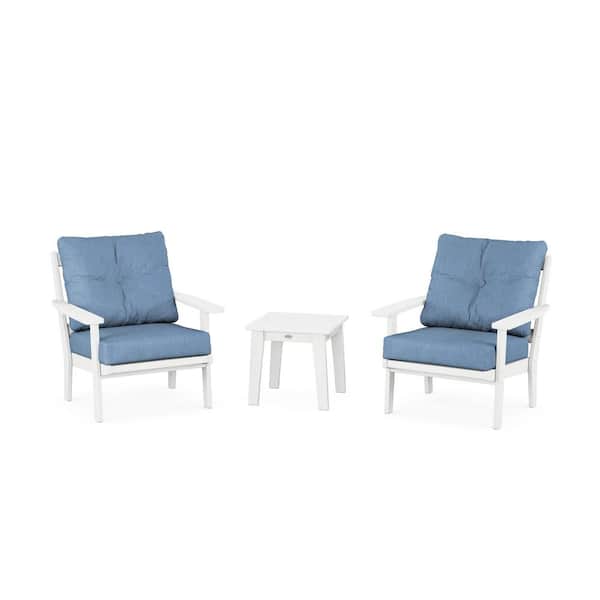 POLYWOOD Prairie 3-Pcs Plastic Patio Conversation Set in White/Sky Blue Cushions