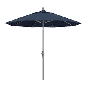9 ft. Hammertone Grey Aluminum Market Patio Umbrella with Collar Tilt Crank Lift in Spectrum Indigo Sunbrella