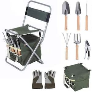 9-Piece Garden Tools Set with Folding Seat Detachable Tool Kit