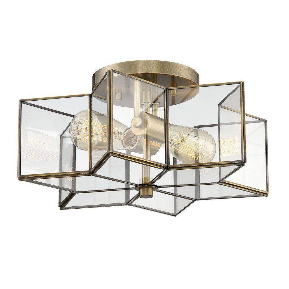 Meridian Natural Brass 2-Light Semi-Flush Mount with Clear Glass