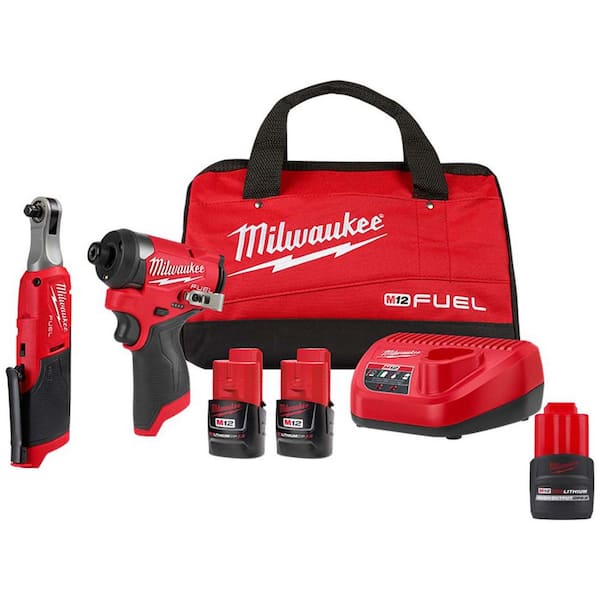 Milwaukee M12 FUEL 12V Lithium-Ion Cordless 3/8 in. Ratchet and 1/4 in. Impact  Driver Combo Kit w/High Output 2.5 Ah Battery 3453-22HSR-48-11-2425 The  Home Depot