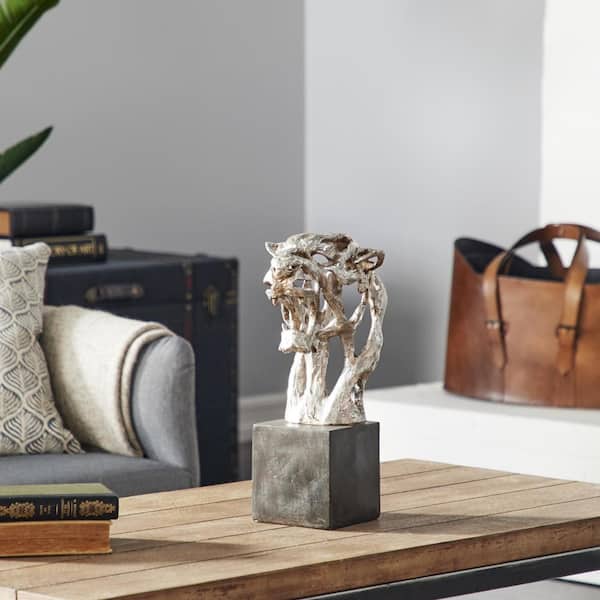 Litton Lane Silver Polystone Abstract Leopard Head Sculpture With Black Rectangular Base, 7 in. x 16 in.