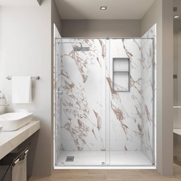 Caramel 36in. x 60in. x 84in. Solid Composite Stone Alcove Shower Combo Kit Matching Brushed Nickel Door,Niche and Drain