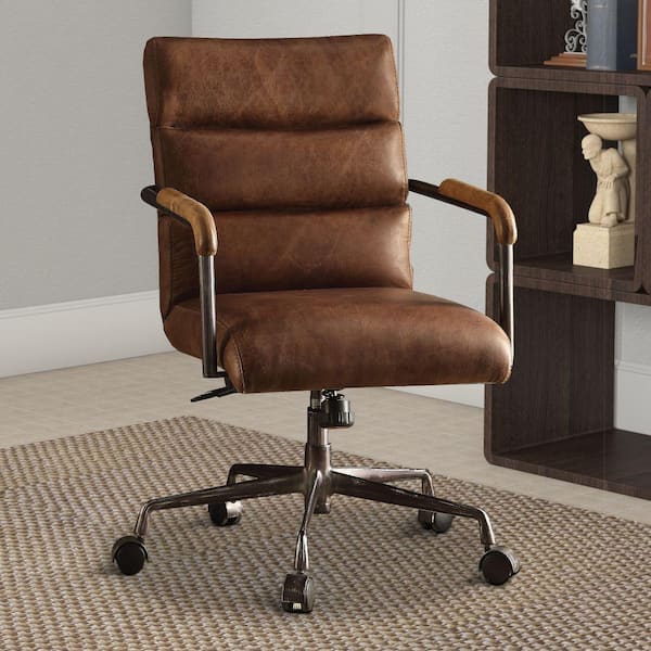 Benjara Retro Brown Metal And Top Grain, Top Grain Leather Ergonomic Chair
