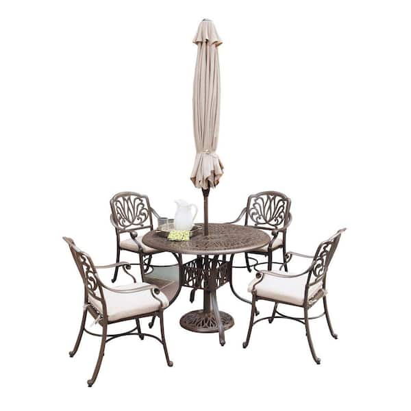 HOMESTYLES Taupe 5-Piece Patio Dining Set with Natural Cushions and Umbrella