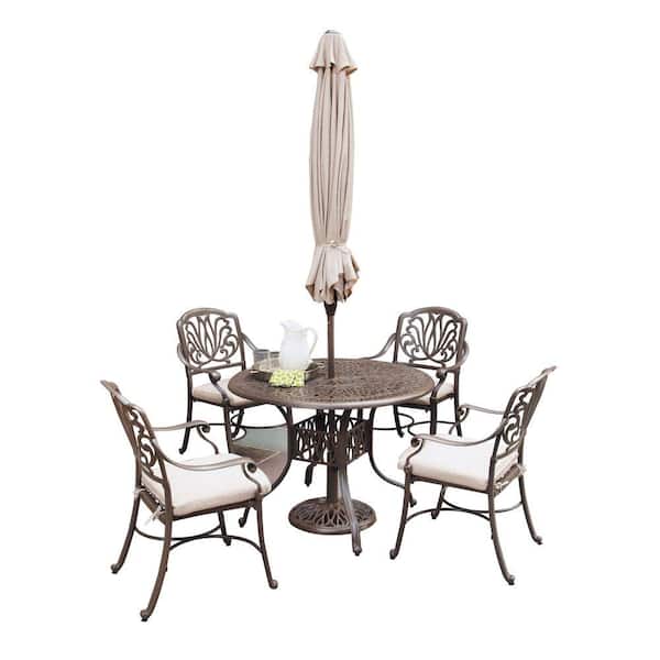 HOMESTYLES Floral Blossom 5-Piece Patio Dining Set with Beige Cushions and Umbrella