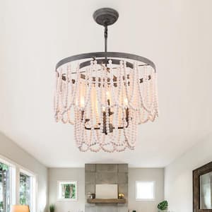 4-Light Black Finish Distressed White Beaded Chandelier Candle Style Pendant