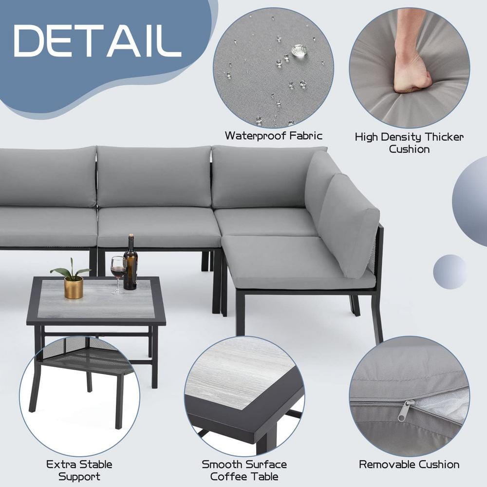 Gray 7-Piece Iron Patio Sectional Furniture Set with Cushions