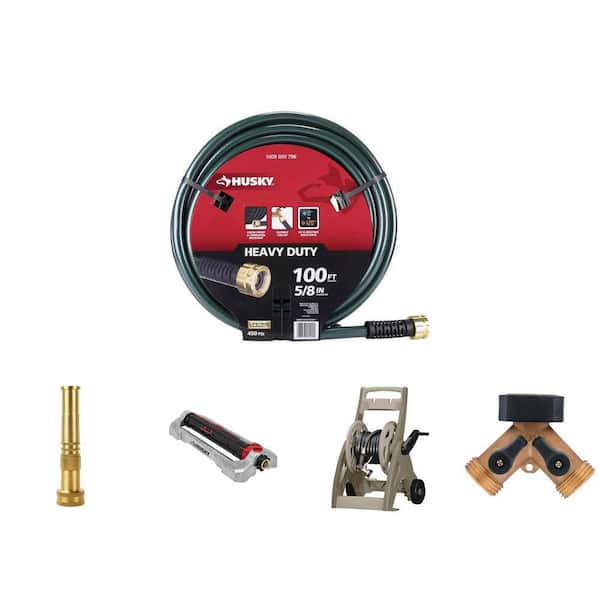 Heavy-Duty Hose Kit: 5/8 in. x 100 ft. Hose, Reel Cart, Brass Nozzle, Faucet Adapter, 4500 sq. ft. Sprinkler