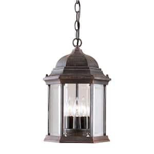 3-Light Outdoor Painted Rust Pendant with Clear Beveled Glass Panels
