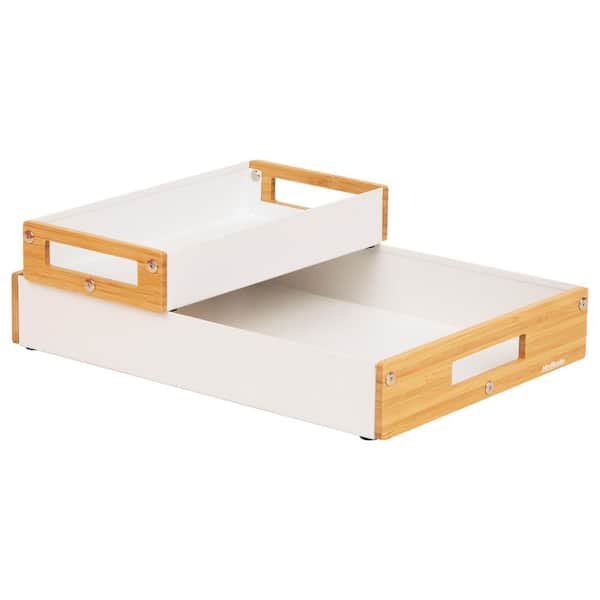 Metal and Wood Tiered Desktop Organizer Trays with Cutout Handles, Stackable Office Storage, Set of 2, White