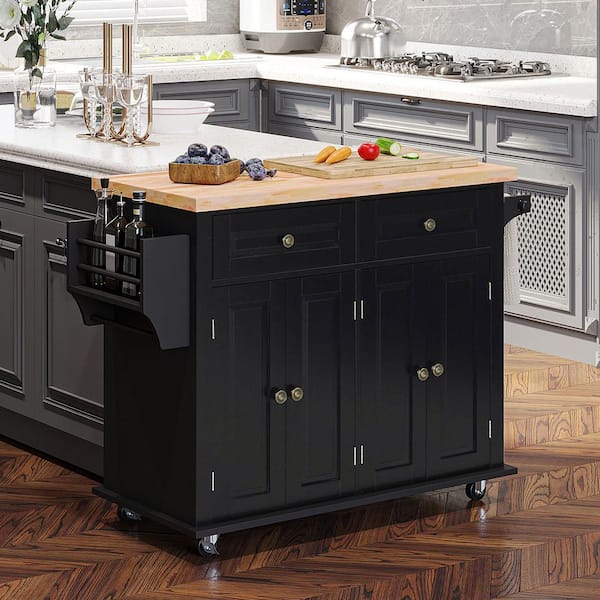 Black Solid Rubber Wood Top 17.5 in. Kitchen Island Cart with 2-Cabinet and 2-Drawers, Spice Rack, Towel Rack
