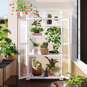 62 in. H Outdoor Indoor White Wood Plant Stand Greenhouse Portable Cold Frame with Wheels and Adjustable Shelves
