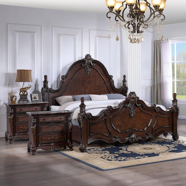 Furniture of America Merchiz 3-Piece Brown Wood Frame Queen Bedroom Set with Carved Details and Sintered Stone Top
