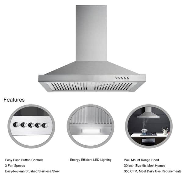 24 inch Wall Mounted Range Hood Vent 450CFM Stove Cook Fan 3-Speed w/LED  NEW