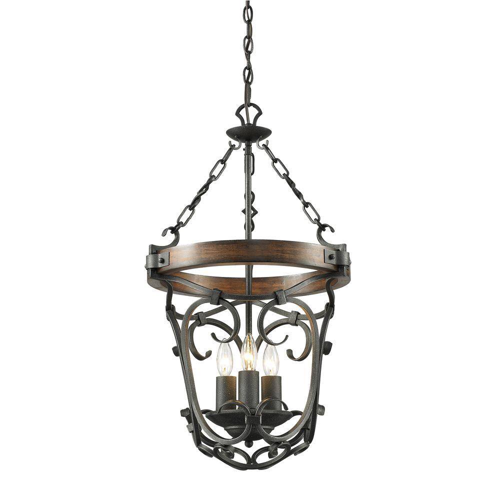 Madera Rustic Black Iron and Wood 3-Light Pendant