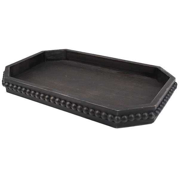15.7 in. Rustic Retro Black Wood Octagonal Serving Board with Beads, Decorative Centerpiece