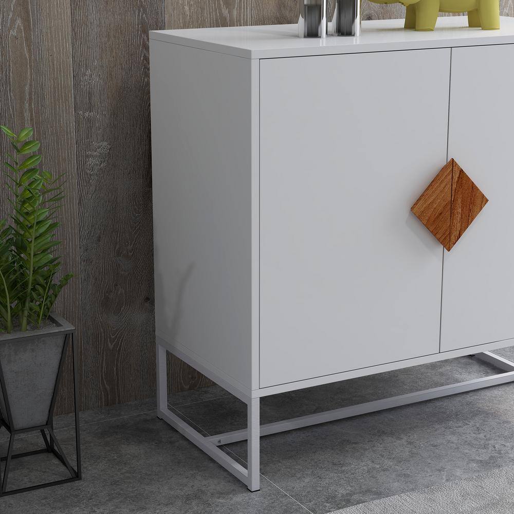 White MDF and Iron Frame Sideboard with Square Wooden Handle