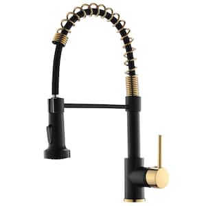 Single Handle Commercial Gooseneck Pull Down Sprayer Kitchen Faucet Brass Modern Sink Taps in Black and Polished Gold