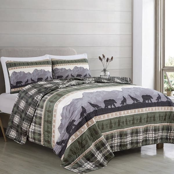 Multi-Colored Reversible Scenic Nature Printed Full/Queen Microfiber 3-Piece Quilt Set Bedspread