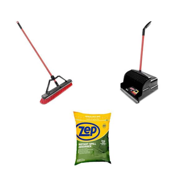 24 in. Push Broom with Brace, 16 in. Upright Dustpan with Steel Handle and 3 lbs. Instant Spill Absorber Kit (3-Piece)