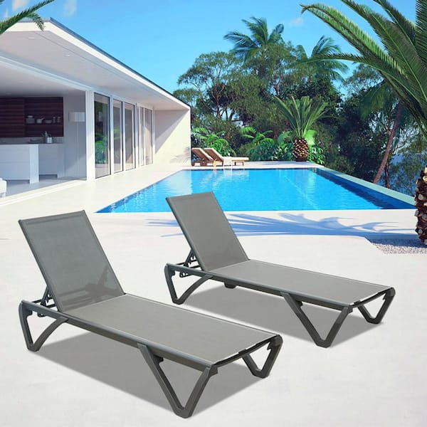 Unbranded Gray 2-Piece Aluminum Outdoor Lounge Chair, Patio Chaise Lounge Recliner with 5-Position Adjustable Backrest and Wheels