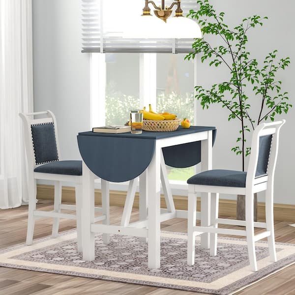 3-Piece Oval White and Gray Rubber Wood Top Drop Leaf Dining Table Set with 2-Seats