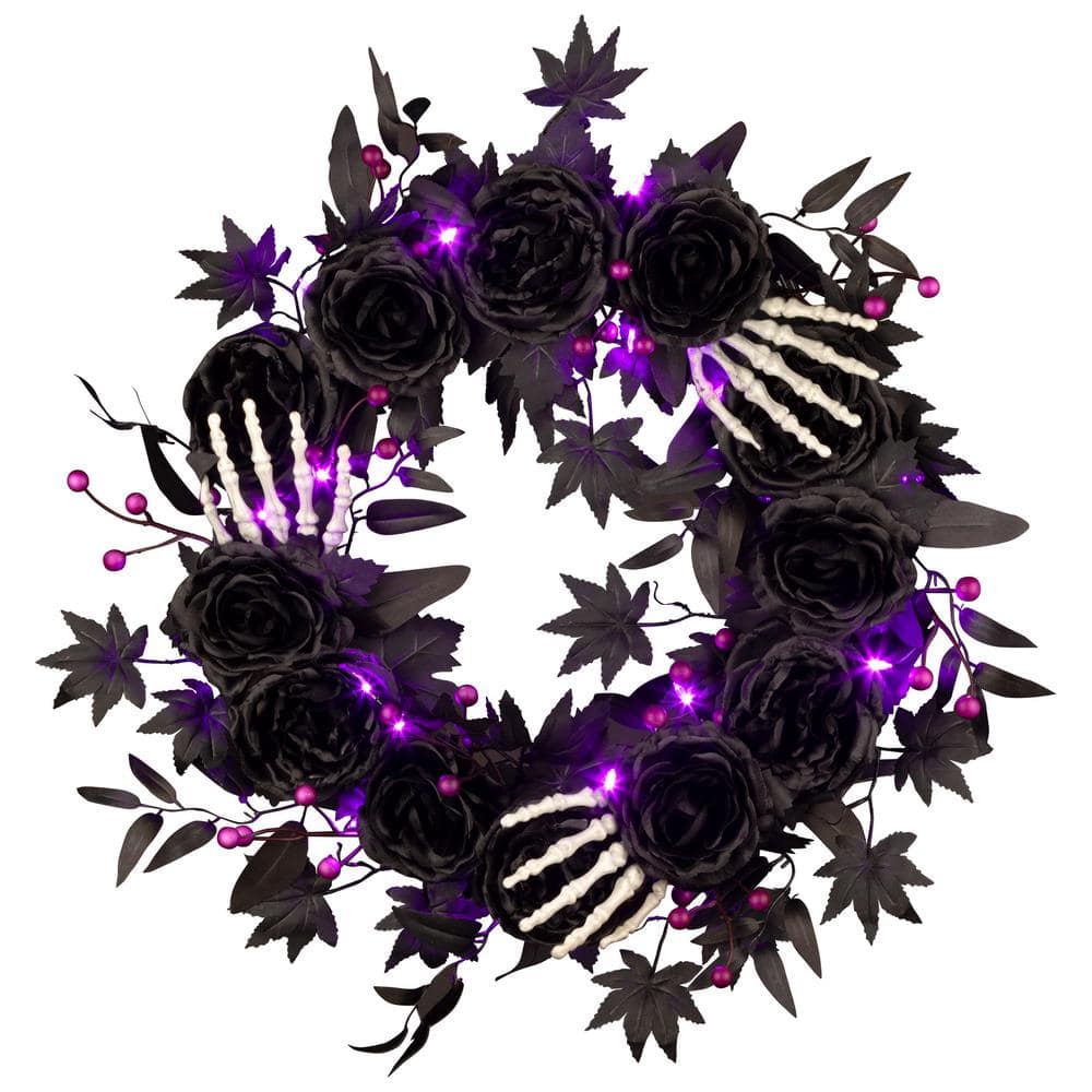 National Tree Company 24 in. Bad to the Bone Halloween Wreath with 30 Purple LED Lights