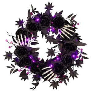 24 in. Bad to the Bone Halloween Wreath with 30 Purple LED Lights