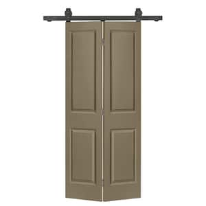 24 in. x 80 in. 2 Panel Olive Green Painted MDF Composite Bi-Fold Barn Door with Sliding Hardware Kit