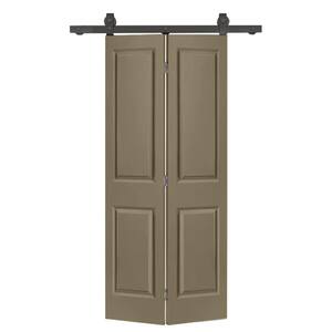 24 in. x 80 in. 2 Panel Olive Green Painted MDF Composite Bi-Fold Barn Door with Sliding Hardware Kit