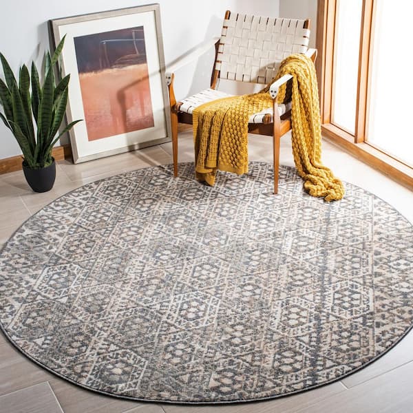 Pyramid 7 ft. x 7 ft. Ivory/Charcoal Geometric Ornate Round Area Rug