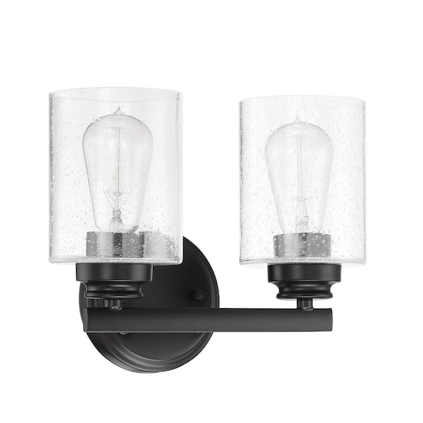 CRAFTMADE Bolden 11 in. 2-Light Flat Black Finish Vanity Light with Seeded Glass