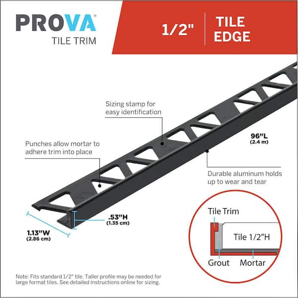 Gloss Black Powder Coated 1.13 in. W x 96 in. L Aluminum 1/2 in. Tile Edge Trim