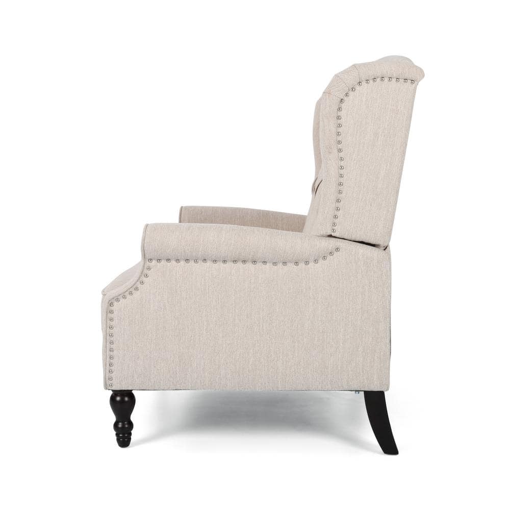 Handcrafted Birch Wood Oversized Beige Recliner with Dark Brown Legs