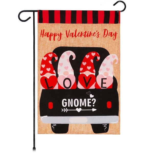 G128 1 ft. x 1.5 ft. Burlap Valentine's Day Love 4-Gnomes in Truck 2-Sided Garden Flag Printed Burlap