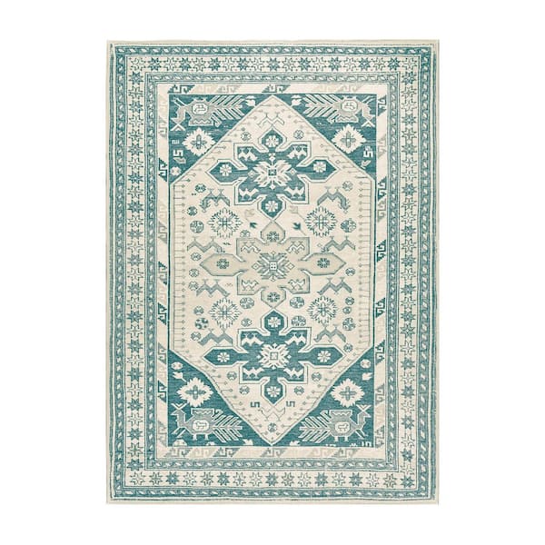 My Magic Carpet Saraz Teal/Off White Washable Rug 5 ft. x 7 ft. Area Rug